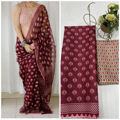 Soft Munga Kota Cotton Checks Saree with Beautiful Prints & Contrast Blouse